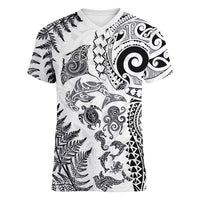 New Zealand Sea Animals Women V-Neck T-Shirt with Maori Koru Tribal Tattoo and Silver Ferns White Color