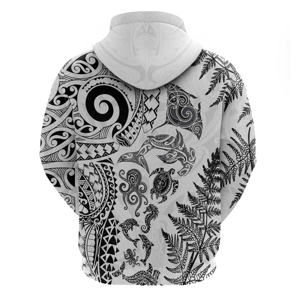 New Zealand Sea Animals Zip Hoodie with Maori Koru Tribal Tattoo and Silver Ferns White Color