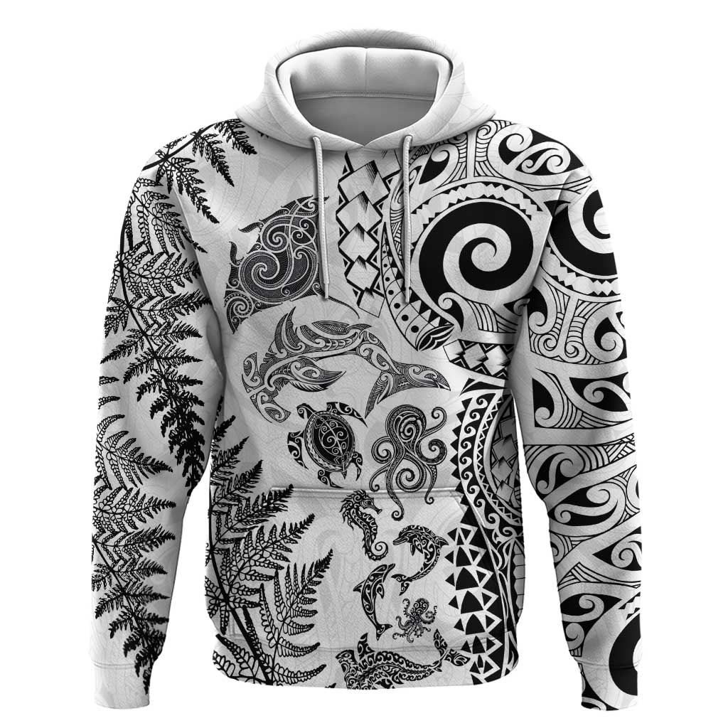New Zealand Sea Animals Zip Hoodie with Maori Koru Tribal Tattoo and Silver Ferns White Color