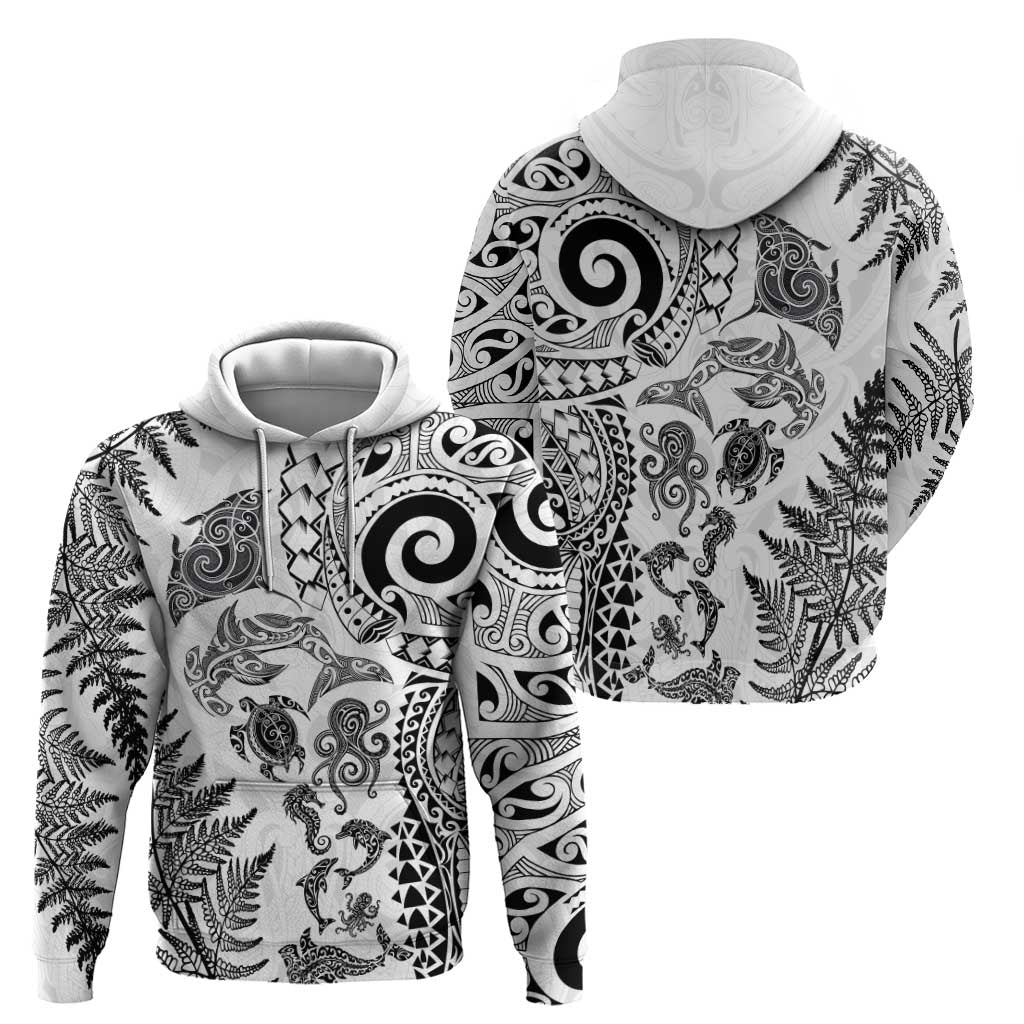 New Zealand Sea Animals Zip Hoodie with Maori Koru Tribal Tattoo and Silver Ferns White Color