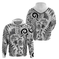 New Zealand Sea Animals Zip Hoodie with Maori Koru Tribal Tattoo and Silver Ferns White Color