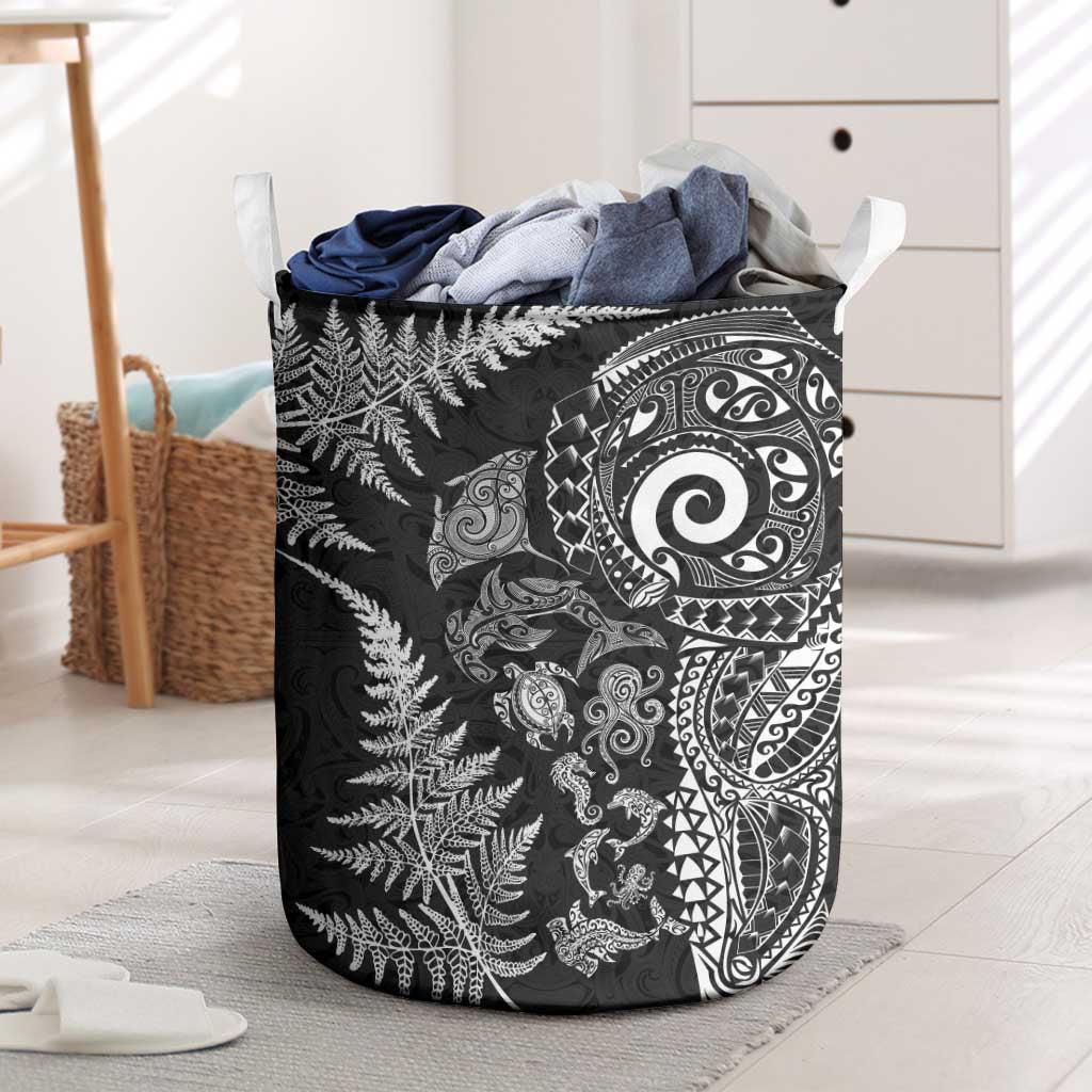 New Zealand Sea Animals Laundry Basket with Maori Koru Tribal Tattoo and Silver Ferns Black Color