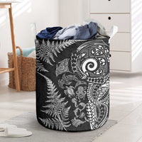 New Zealand Sea Animals Laundry Basket with Maori Koru Tribal Tattoo and Silver Ferns Black Color