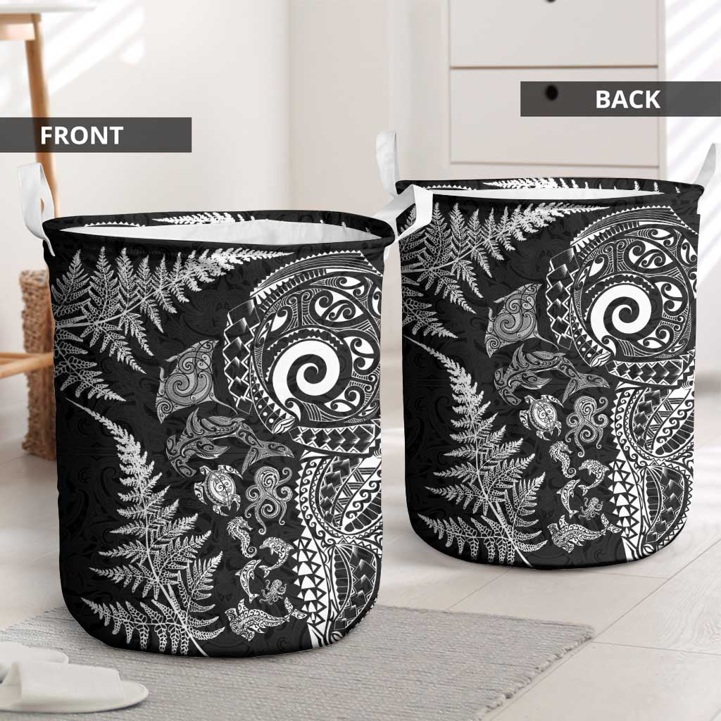 New Zealand Sea Animals Laundry Basket with Maori Koru Tribal Tattoo and Silver Ferns Black Color