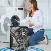 New Zealand Sea Animals Laundry Basket with Maori Koru Tribal Tattoo and Silver Ferns Black Color