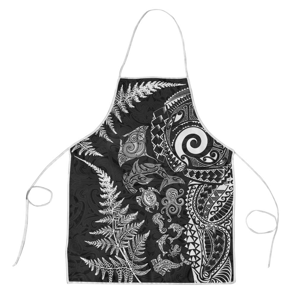 New Zealand Sea Animals Apron with Maori Koru Tribal Tattoo and Silver Ferns Black Color