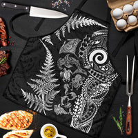 New Zealand Sea Animals Apron with Maori Koru Tribal Tattoo and Silver Ferns Black Color