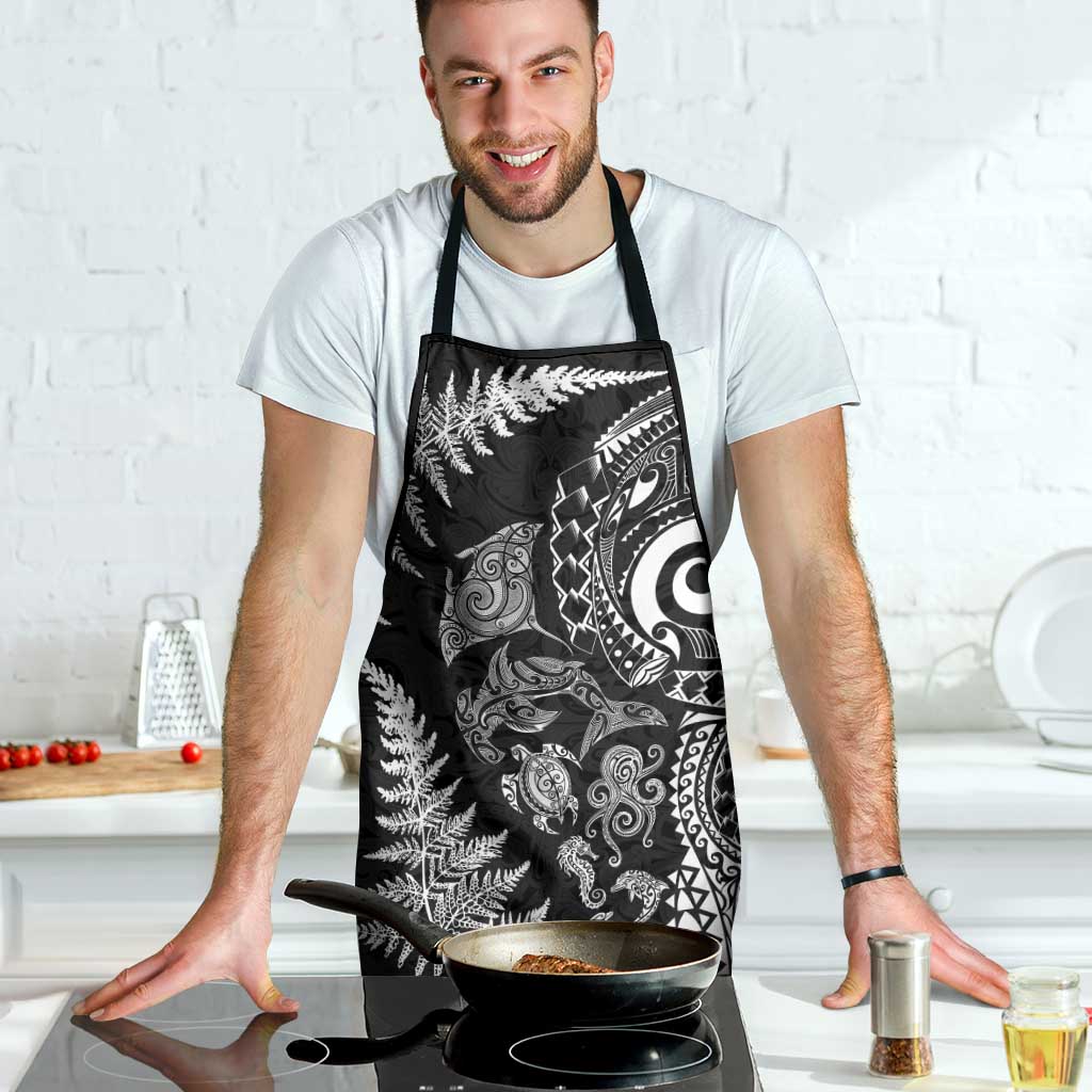 New Zealand Sea Animals Apron with Maori Koru Tribal Tattoo and Silver Ferns Black Color
