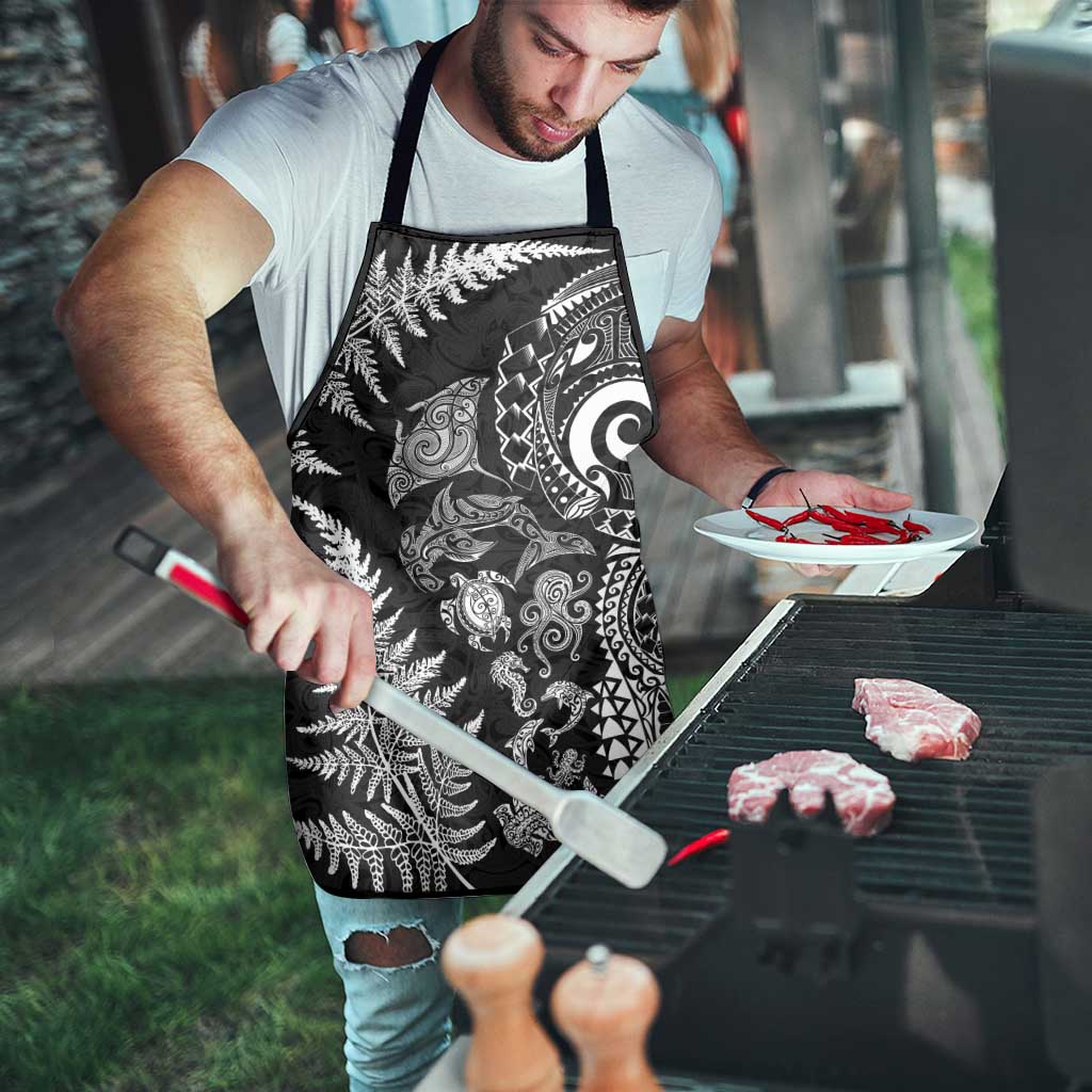 New Zealand Sea Animals Apron with Maori Koru Tribal Tattoo and Silver Ferns Black Color