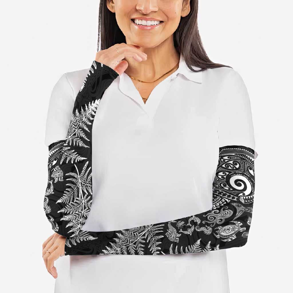 New Zealand Sea Animals Arm Sleeves with Maori Koru Tribal Tattoo and Silver Ferns Black Color