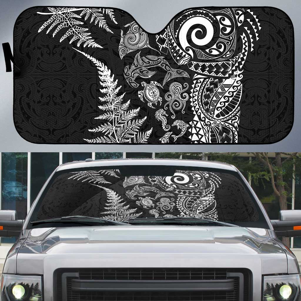 New Zealand Sea Animals Auto Sun Shade with Maori Koru Tribal Tattoo and Silver Ferns Black Color
