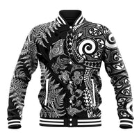 New Zealand Sea Animals Baseball Jacket with Maori Koru Tribal Tattoo and Silver Ferns Black Color