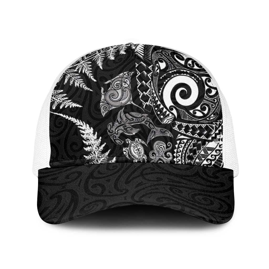 New Zealand Sea Animals Baseball Net Cap with Maori Koru Tribal Tattoo and Silver Ferns Black Color