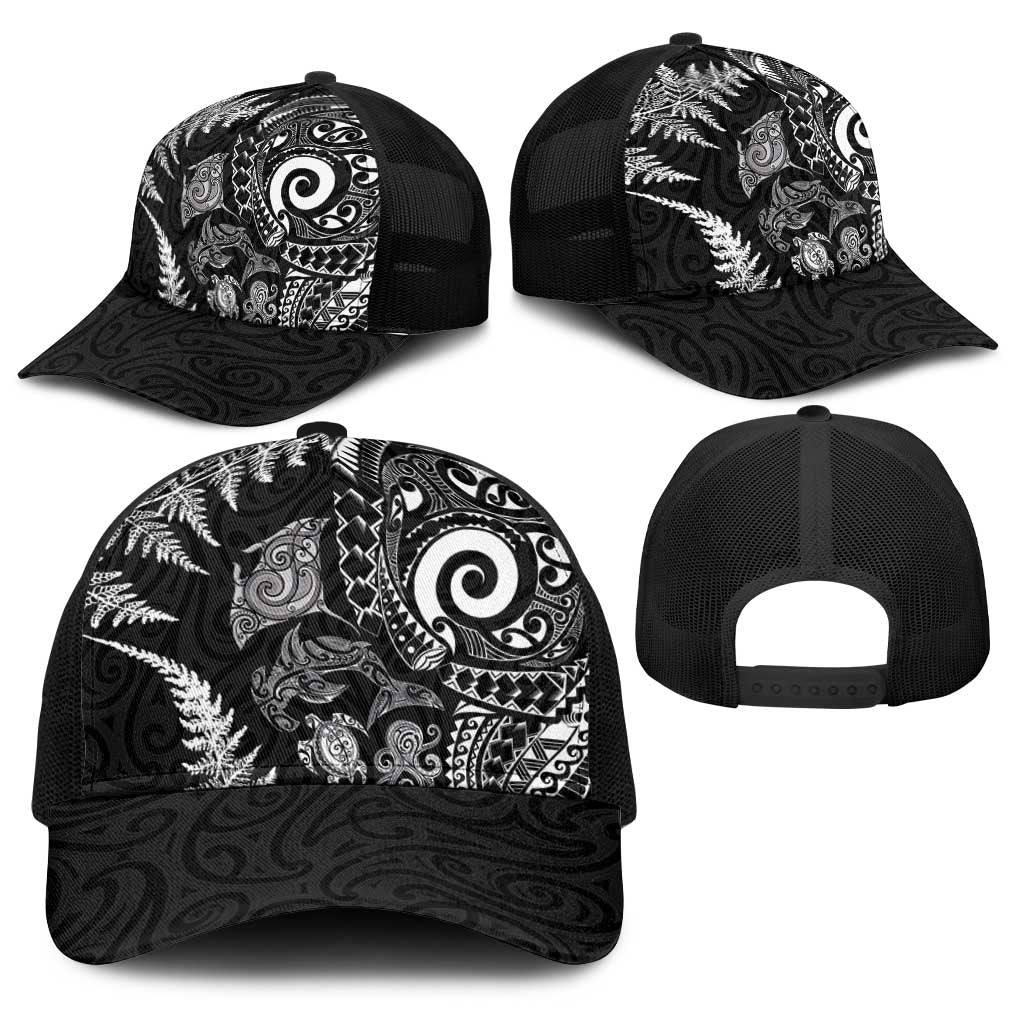 New Zealand Sea Animals Baseball Net Cap with Maori Koru Tribal Tattoo and Silver Ferns Black Color