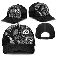 New Zealand Sea Animals Baseball Net Cap with Maori Koru Tribal Tattoo and Silver Ferns Black Color