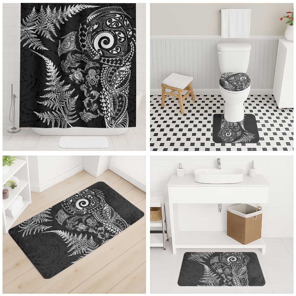 New Zealand Sea Animals Bathroom Set with Maori Koru Tribal Tattoo and Silver Ferns Black Color