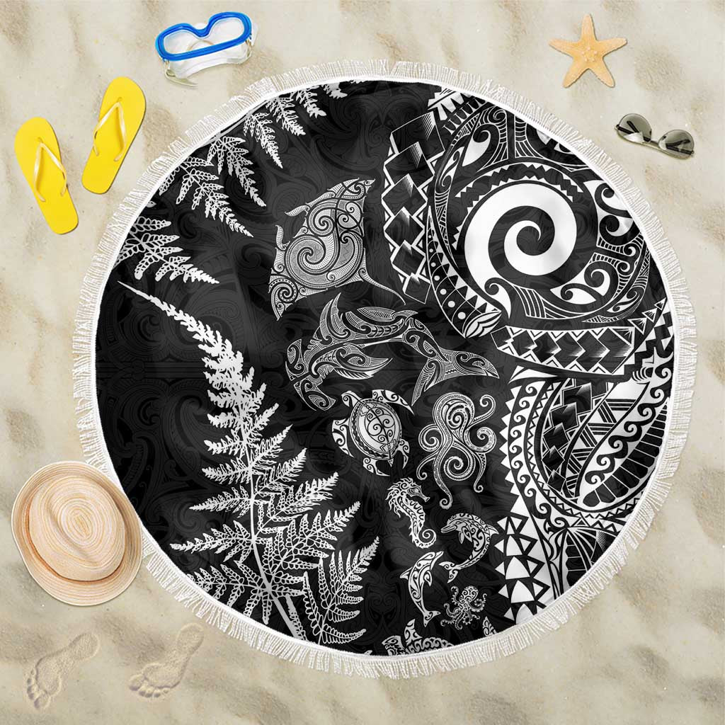 New Zealand Sea Animals Beach Blanket with Maori Koru Tribal Tattoo and Silver Ferns Black Color