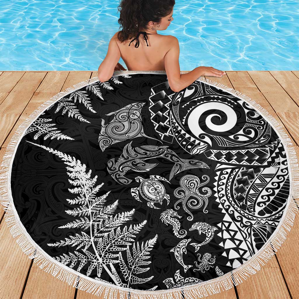 New Zealand Sea Animals Beach Blanket with Maori Koru Tribal Tattoo and Silver Ferns Black Color