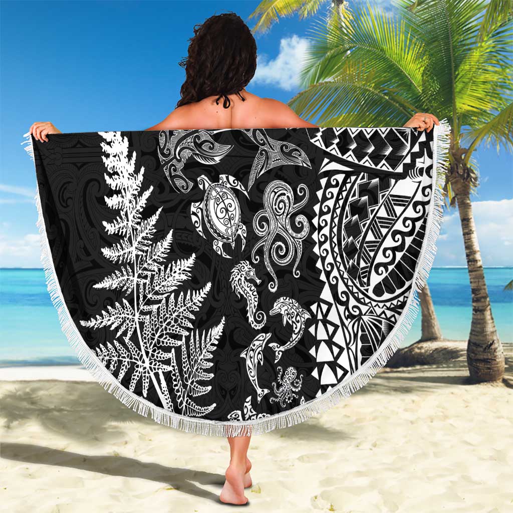 New Zealand Sea Animals Beach Blanket with Maori Koru Tribal Tattoo and Silver Ferns Black Color