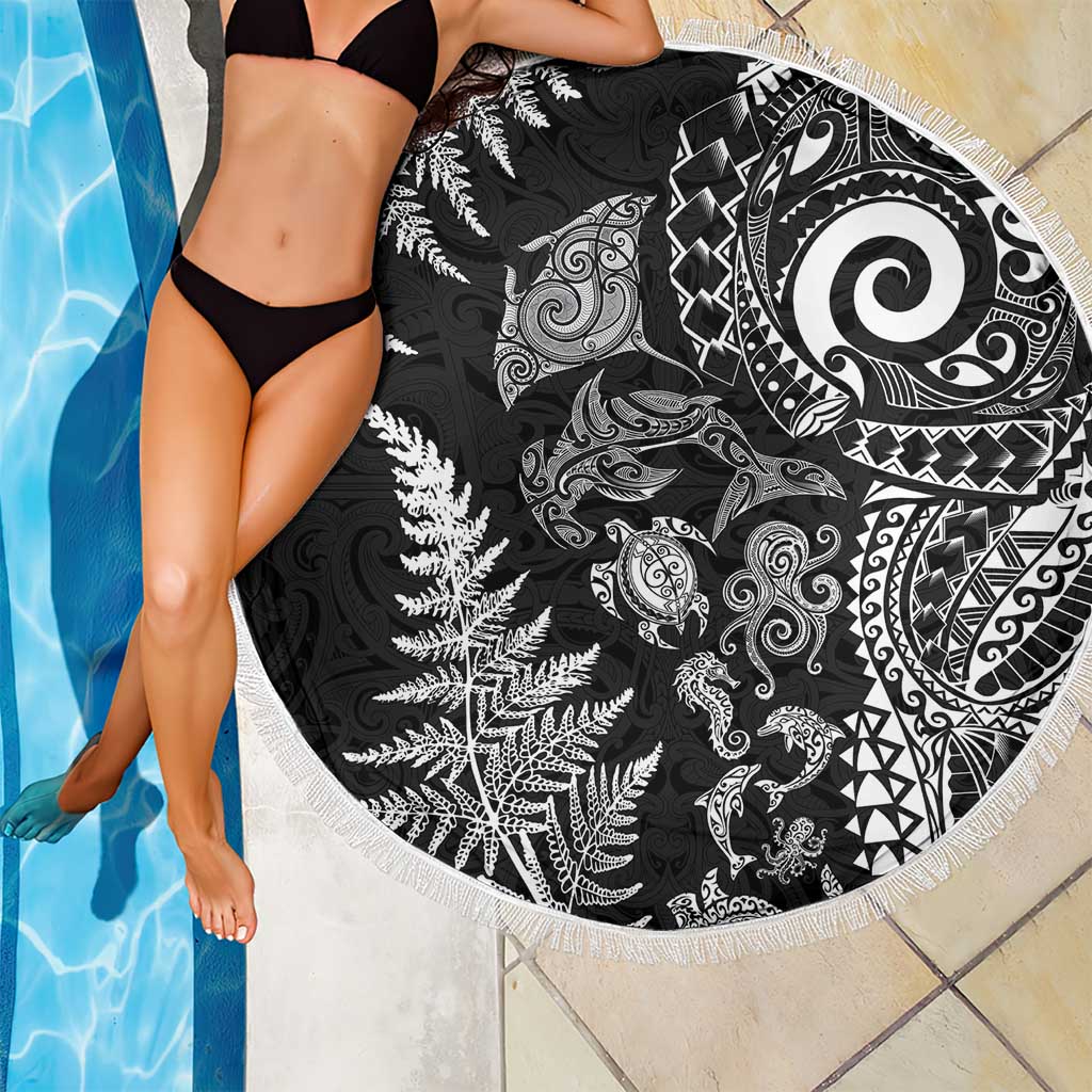 New Zealand Sea Animals Beach Blanket with Maori Koru Tribal Tattoo and Silver Ferns Black Color