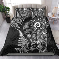New Zealand Sea Animals Bedding Set with Maori Koru Tribal Tattoo and Silver Ferns Black Color