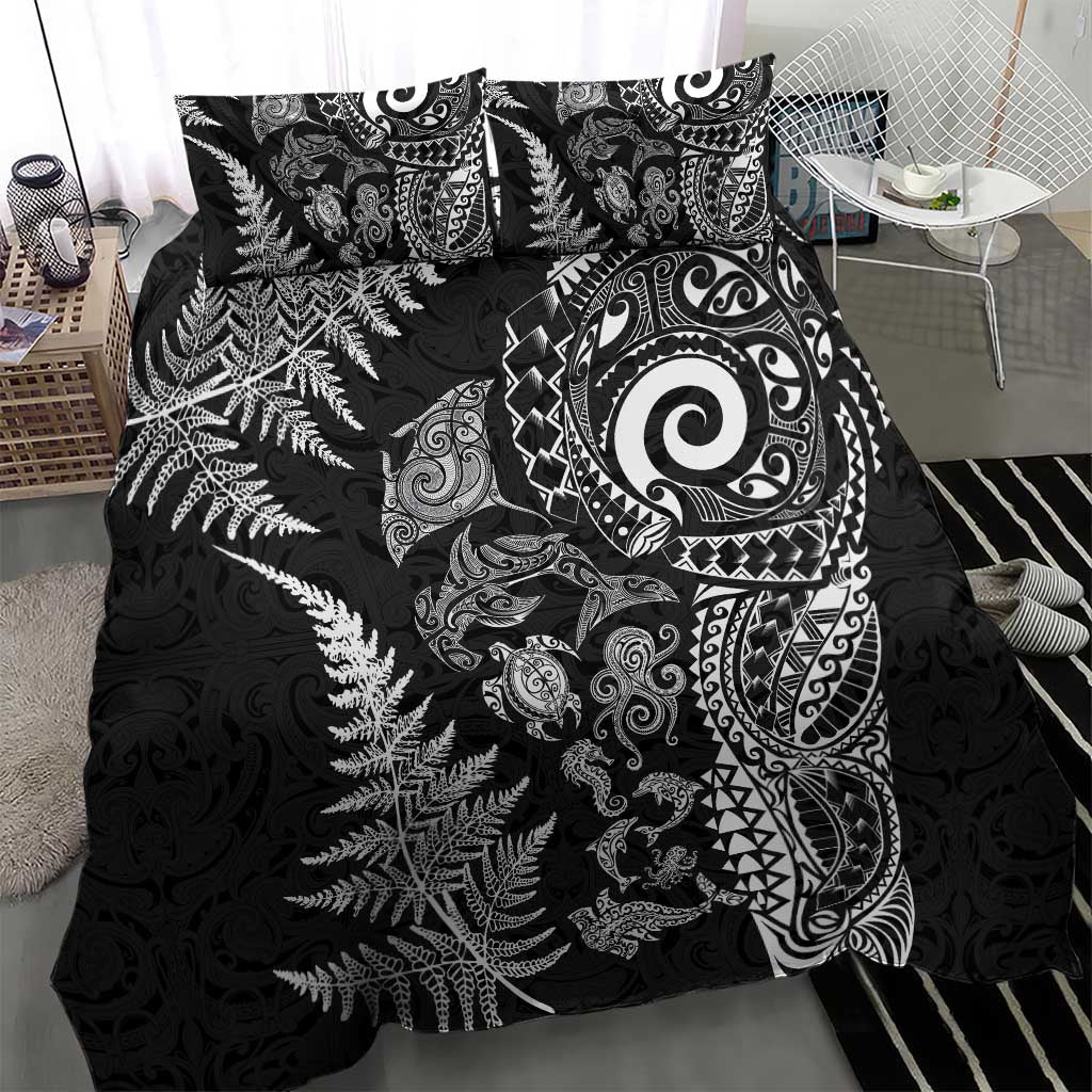 New Zealand Sea Animals Bedding Set with Maori Koru Tribal Tattoo and Silver Ferns Black Color