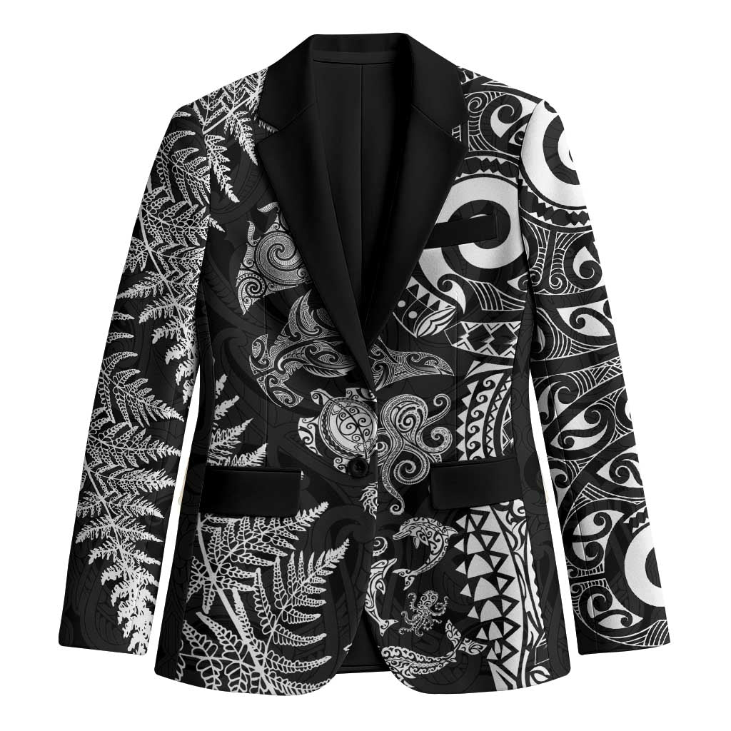 New Zealand Sea Animals Blazer with Maori Koru Tribal Tattoo and Silver Ferns Black Color
