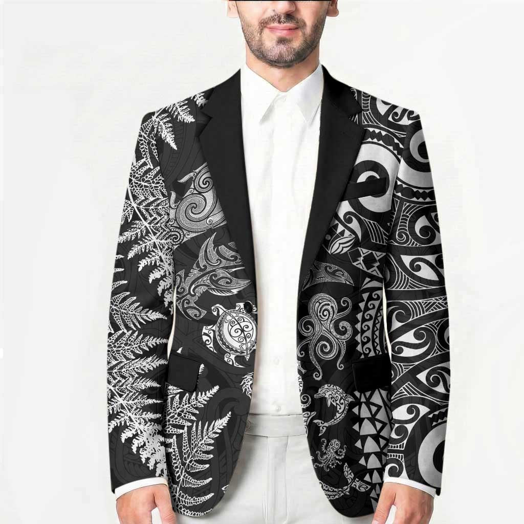 New Zealand Sea Animals Blazer with Maori Koru Tribal Tattoo and Silver Ferns Black Color