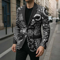 New Zealand Sea Animals Blazer with Maori Koru Tribal Tattoo and Silver Ferns Black Color