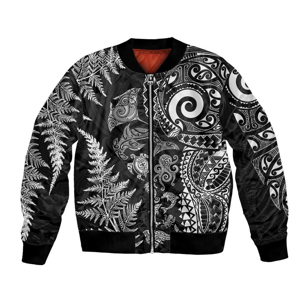 New Zealand Sea Animals Bomber Jacket with Maori Koru Tribal Tattoo and Silver Ferns Black Color