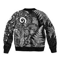 New Zealand Sea Animals Bomber Jacket with Maori Koru Tribal Tattoo and Silver Ferns Black Color