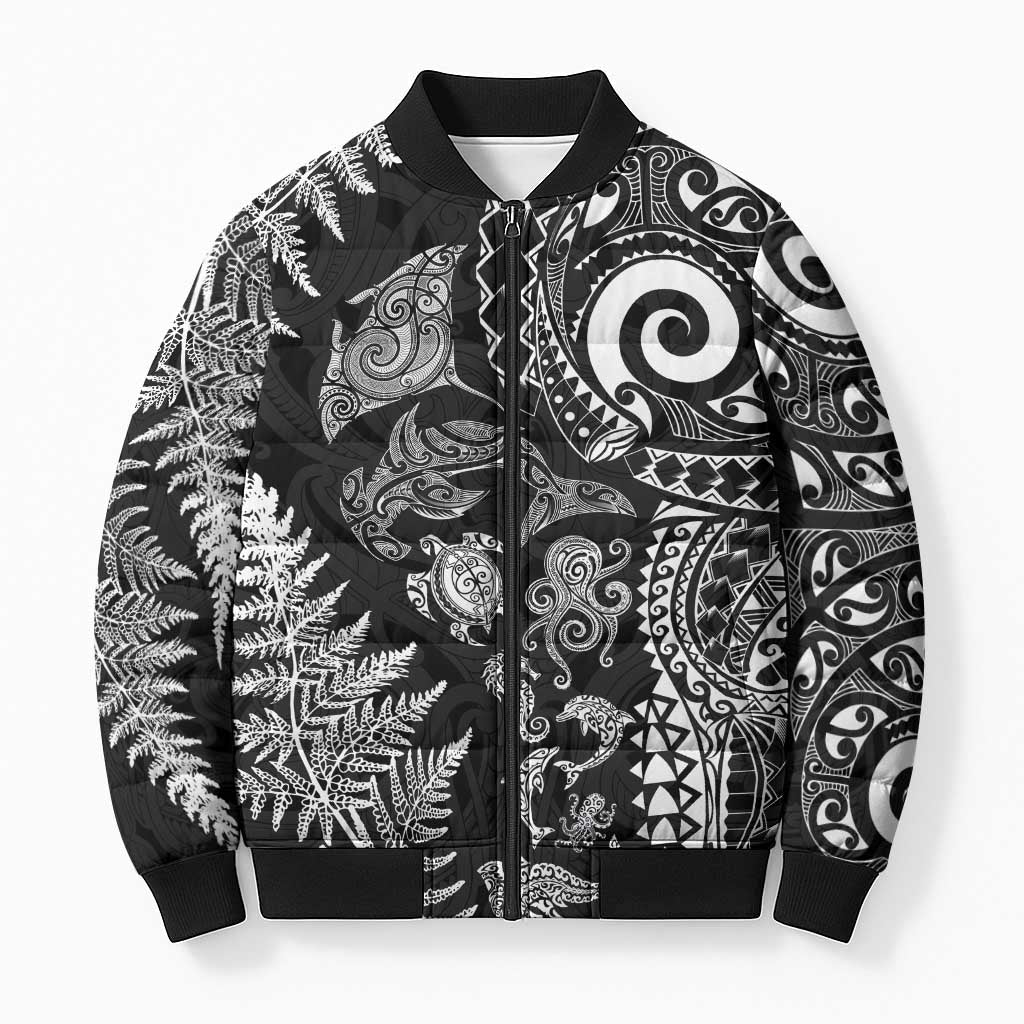 New Zealand Sea Animals Bomber Puffer Jacket with Maori Koru Tribal Tattoo and Silver Ferns Black Color