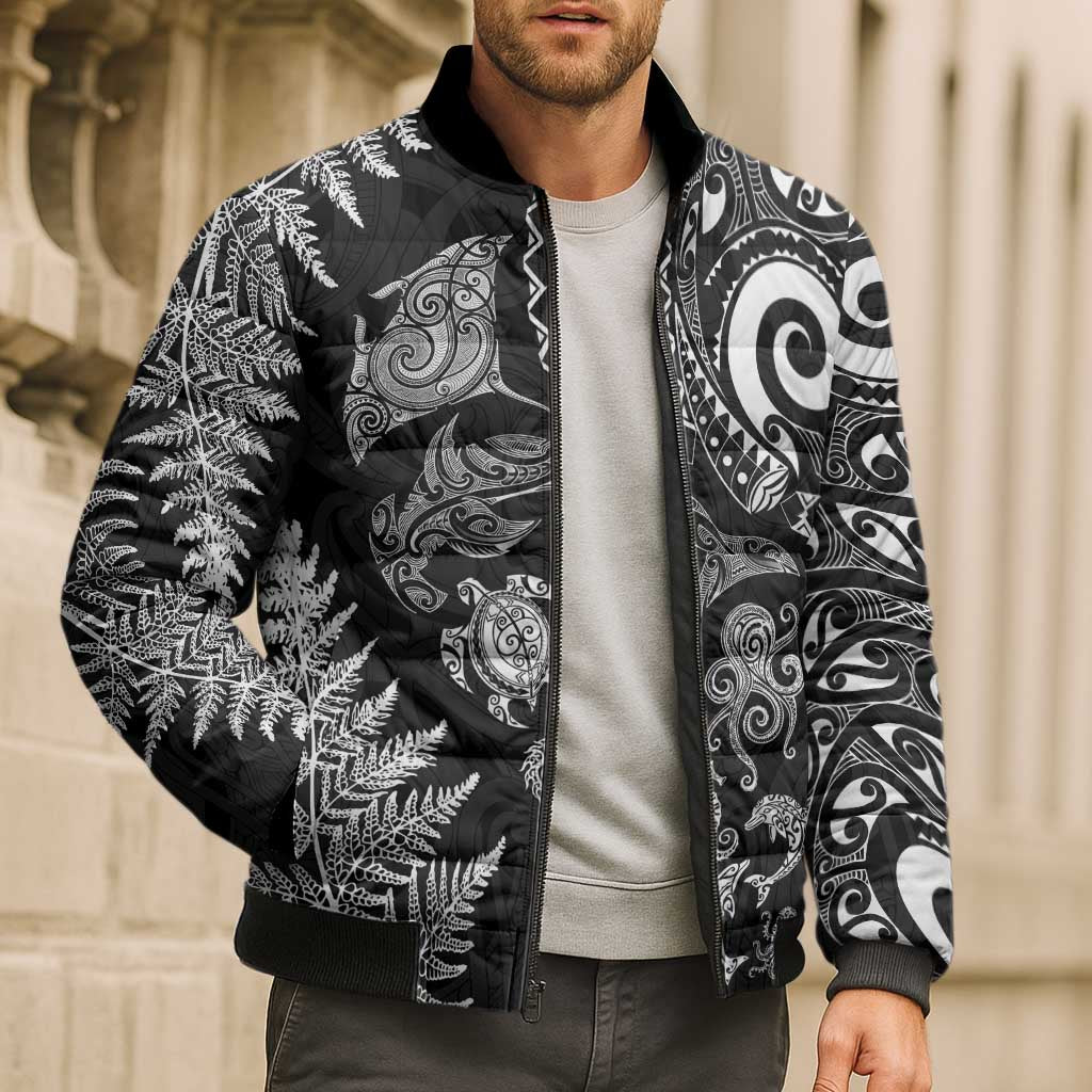 New Zealand Sea Animals Bomber Puffer Jacket with Maori Koru Tribal Tattoo and Silver Ferns Black Color