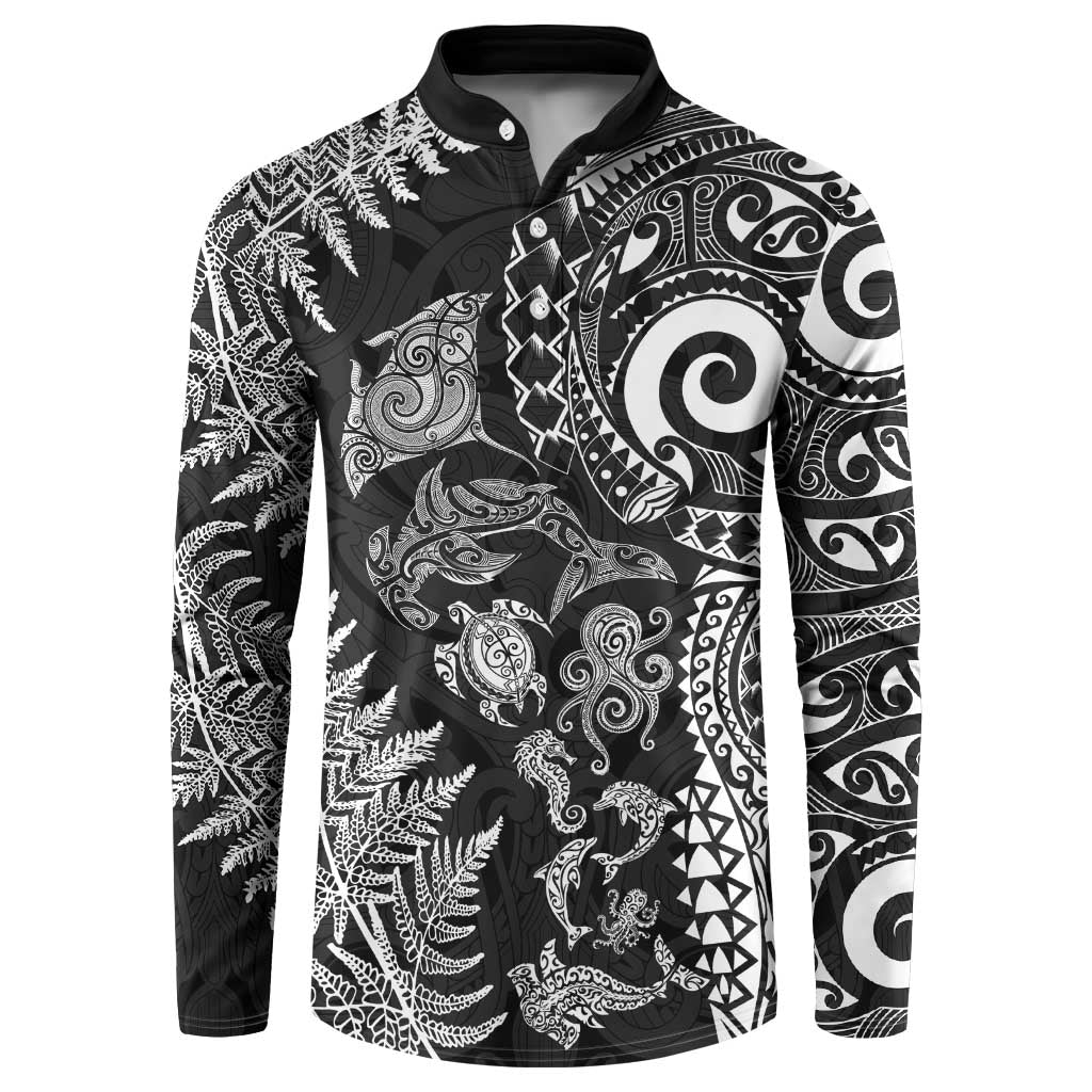New Zealand Sea Animals Button Sweatshirt with Maori Koru Tribal Tattoo and Silver Ferns Black Color