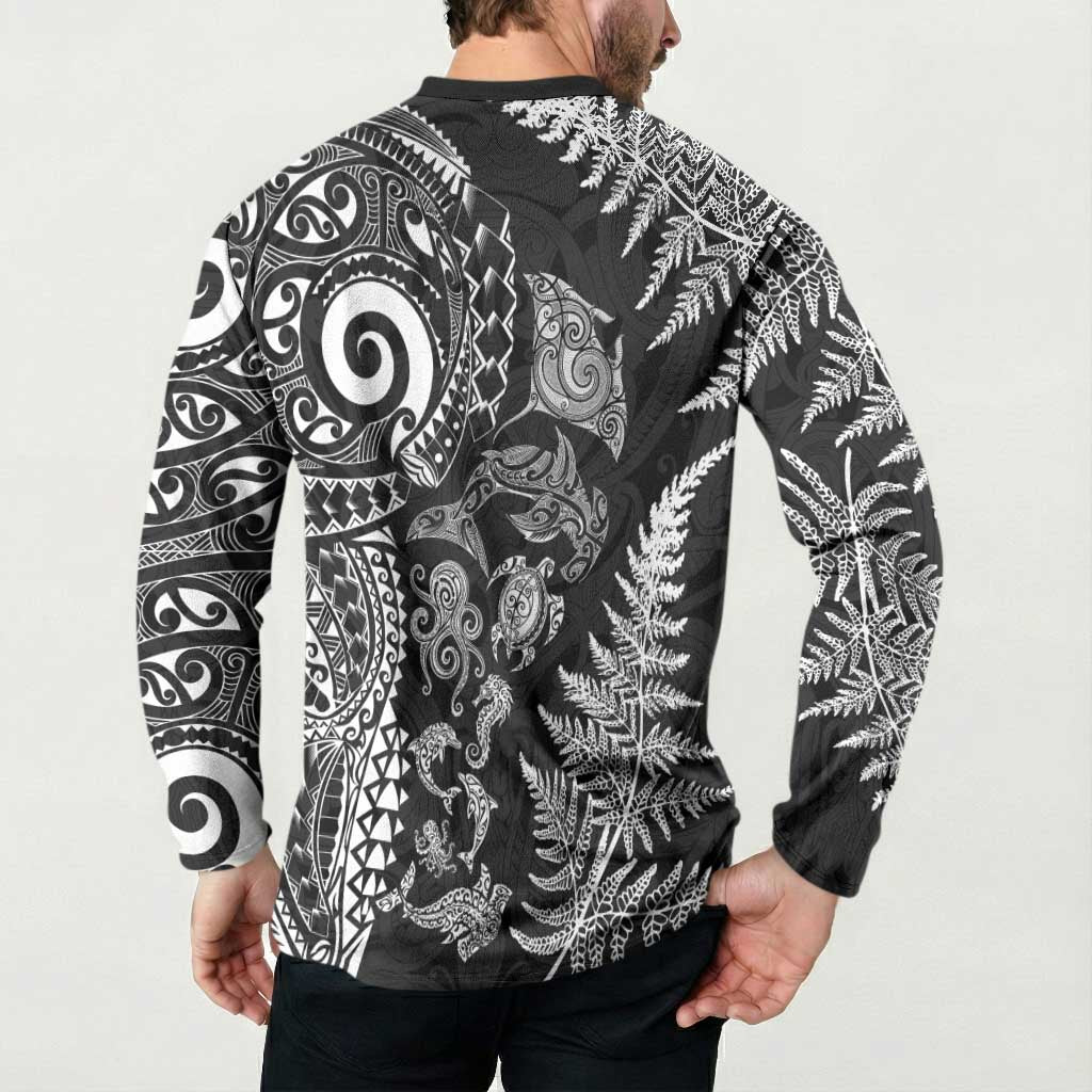 New Zealand Sea Animals Button Sweatshirt with Maori Koru Tribal Tattoo and Silver Ferns Black Color