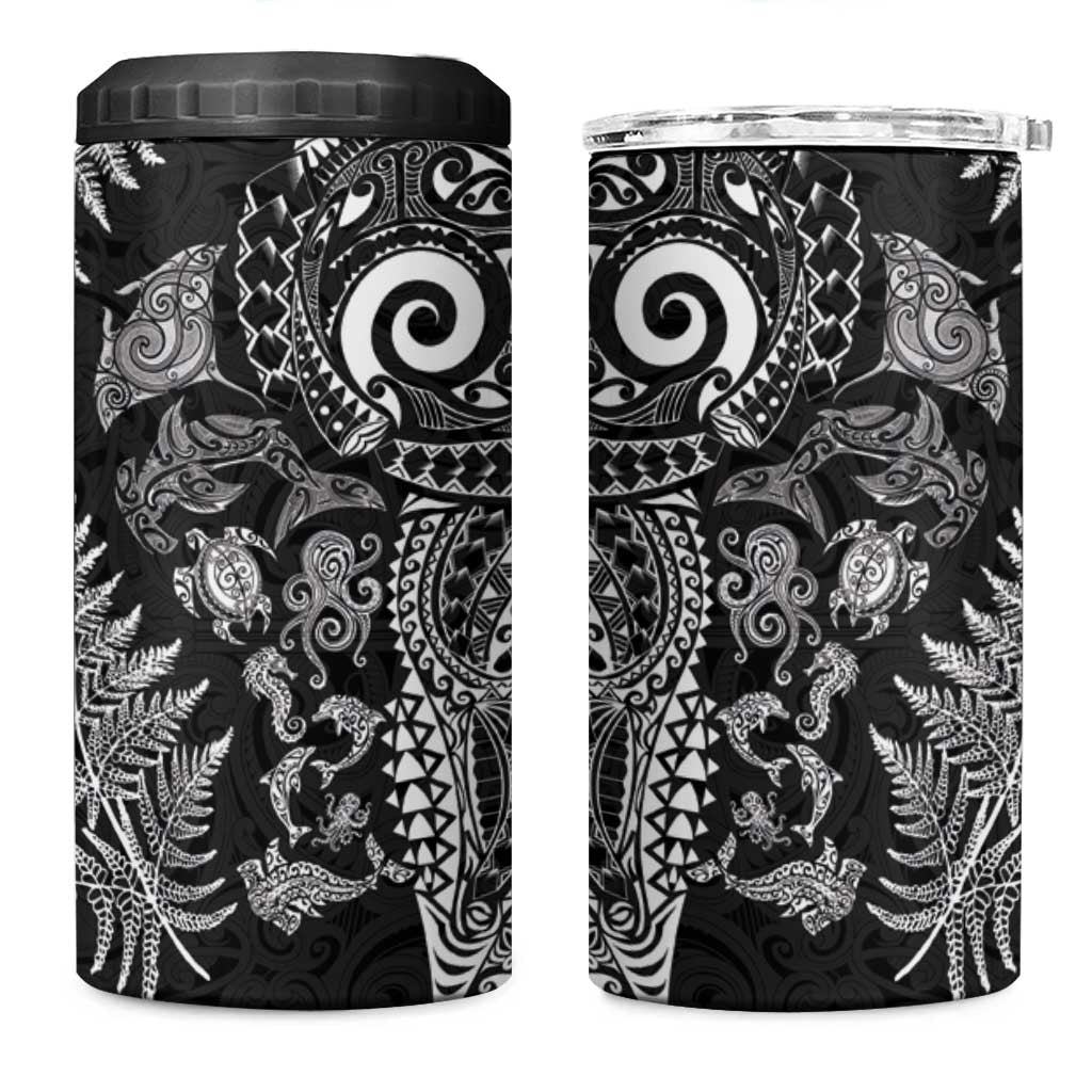New Zealand Sea Animals 4 in 1 Can Cooler Tumbler with Maori Koru Tribal Tattoo and Silver Ferns Black Color
