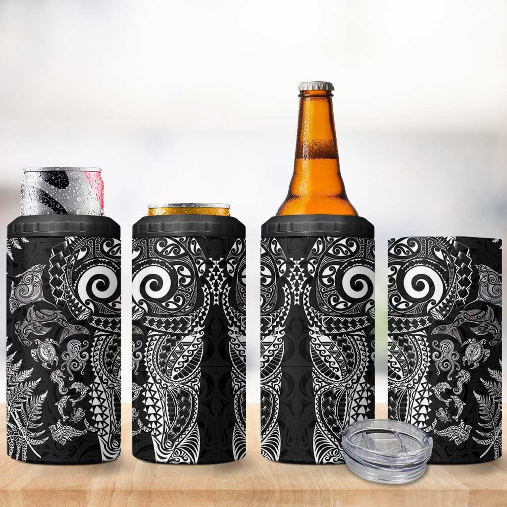 New Zealand Sea Animals 4 in 1 Can Cooler Tumbler with Maori Koru Tribal Tattoo and Silver Ferns Black Color