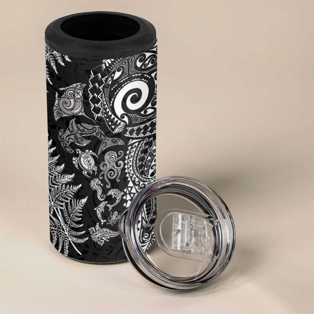 New Zealand Sea Animals 4 in 1 Can Cooler Tumbler with Maori Koru Tribal Tattoo and Silver Ferns Black Color