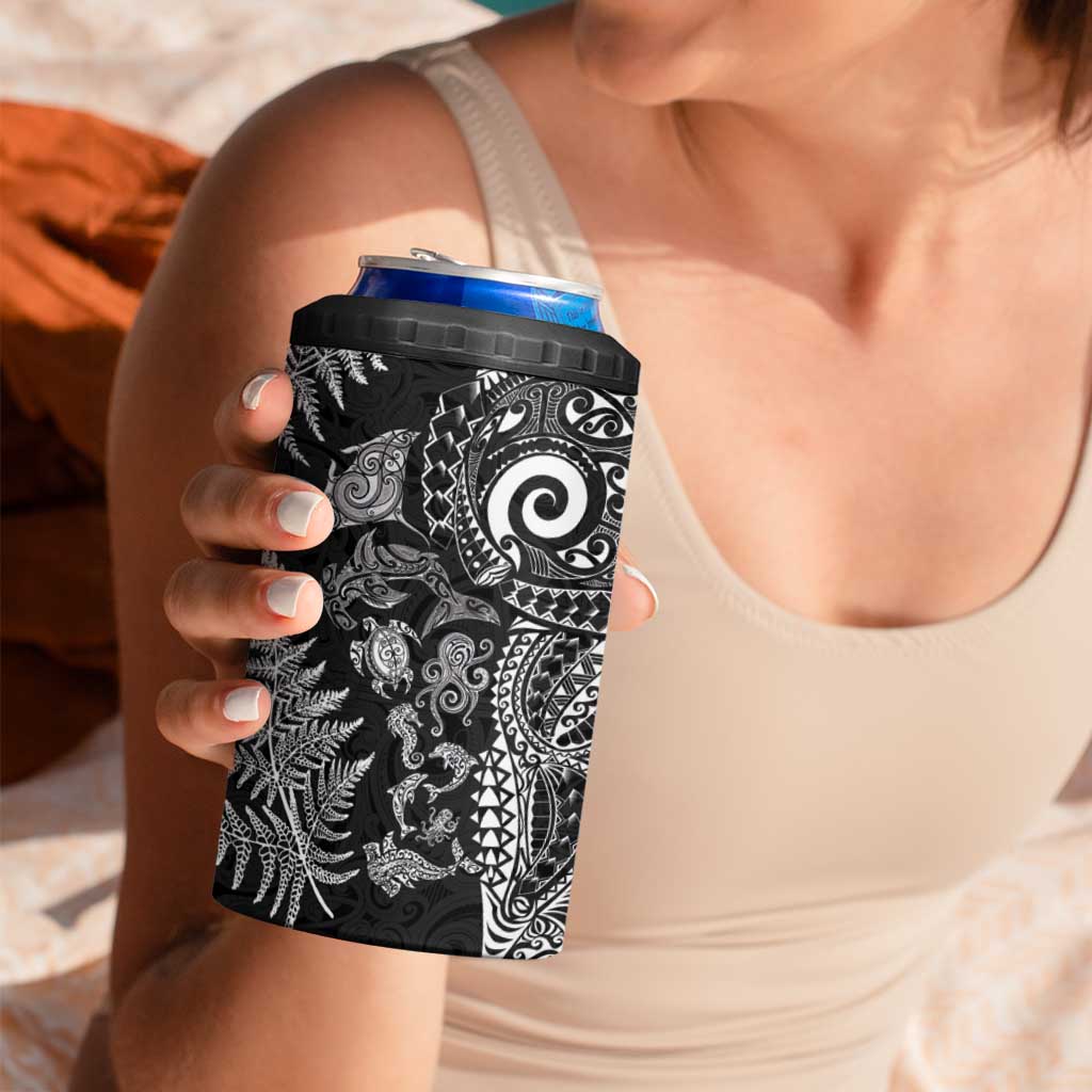 New Zealand Sea Animals 4 in 1 Can Cooler Tumbler with Maori Koru Tribal Tattoo and Silver Ferns Black Color