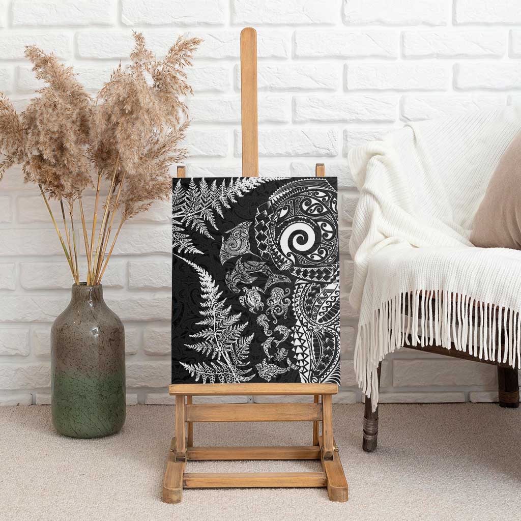 New Zealand Sea Animals Canvas Wall Art with Maori Koru Tribal Tattoo and Silver Ferns Black Color