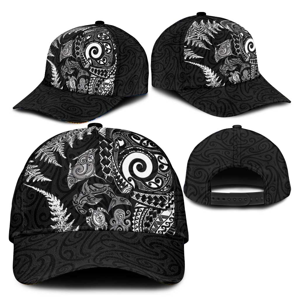 New Zealand Sea Animals Classic Cap with Maori Koru Tribal Tattoo and Silver Ferns Black Color