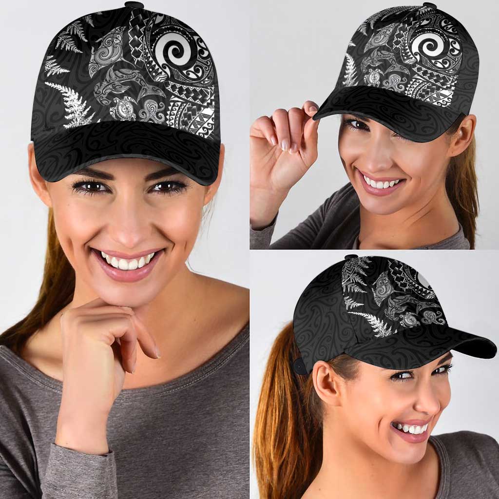 New Zealand Sea Animals Classic Cap with Maori Koru Tribal Tattoo and Silver Ferns Black Color