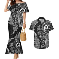 New Zealand Sea Animals Couples Matching Mermaid Dress and Hawaiian Shirt with Maori Koru Tribal Tattoo and Silver Ferns Black Color LT03 Black - Polynesian Pride