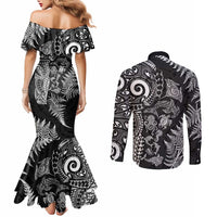 New Zealand Sea Animals Couples Matching Mermaid Dress and Long Sleeve Button Shirt with Maori Koru Tribal Tattoo and Silver Ferns Black Color