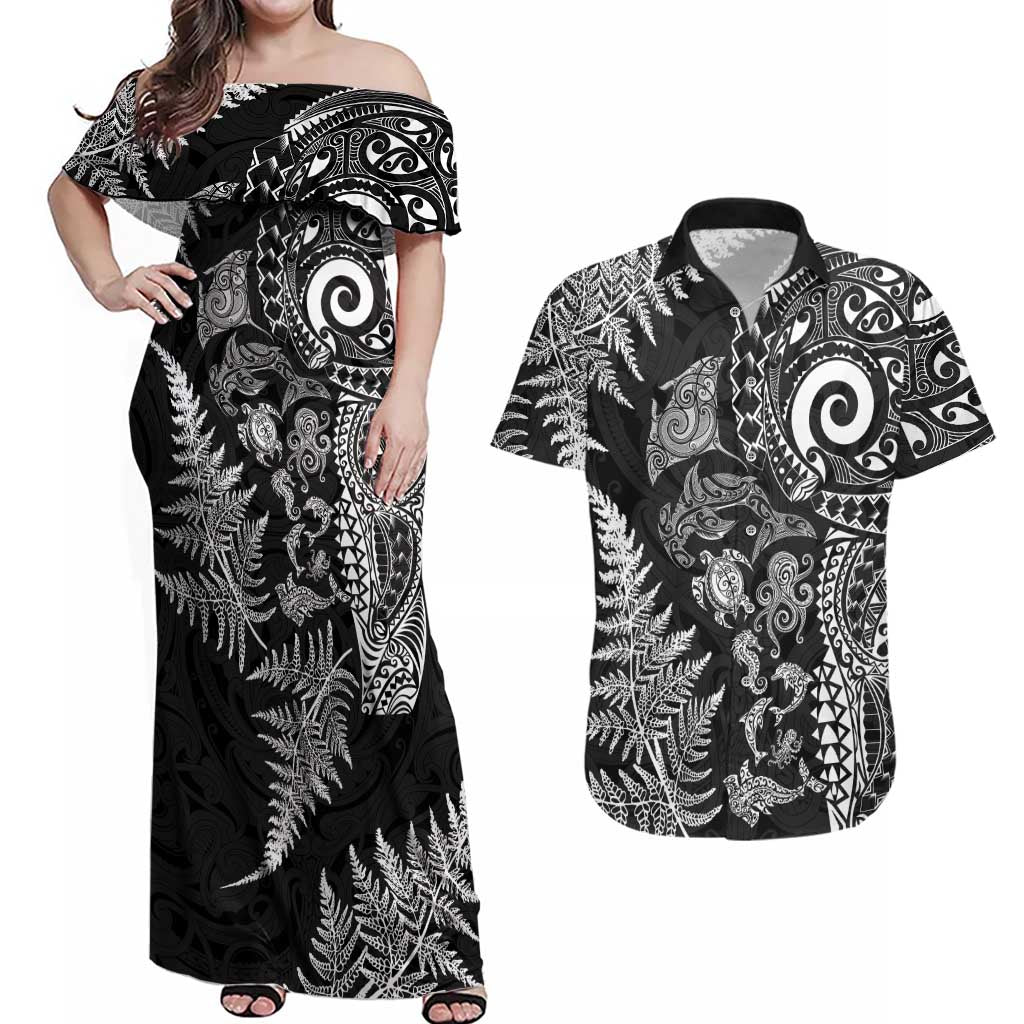 New Zealand Sea Animals Couples Matching Off Shoulder Maxi Dress and Hawaiian Shirt with Maori Koru Tribal Tattoo and Silver Ferns Black Color