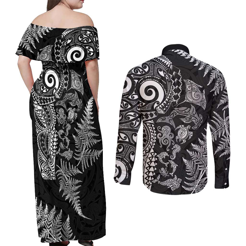 New Zealand Sea Animals Couples Matching Off Shoulder Maxi Dress and Long Sleeve Button Shirt with Maori Koru Tribal Tattoo and Silver Ferns Black Color