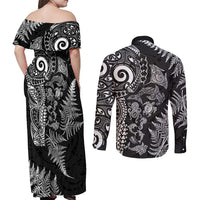 New Zealand Sea Animals Couples Matching Off Shoulder Maxi Dress and Long Sleeve Button Shirt with Maori Koru Tribal Tattoo and Silver Ferns Black Color