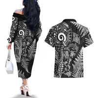 New Zealand Sea Animals Couples Matching Off The Shoulder Long Sleeve Dress and Hawaiian Shirt with Maori Koru Tribal Tattoo and Silver Ferns Black Color LT03 - Polynesian Pride