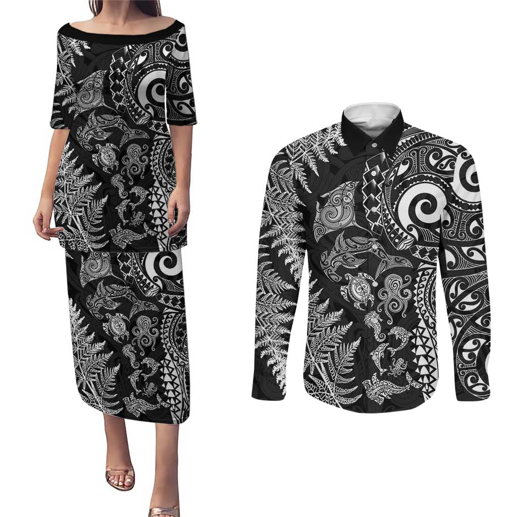 New Zealand Sea Animals Couples Matching Puletasi and Long Sleeve Button Shirt with Maori Koru Tribal Tattoo and Silver Ferns Black Color