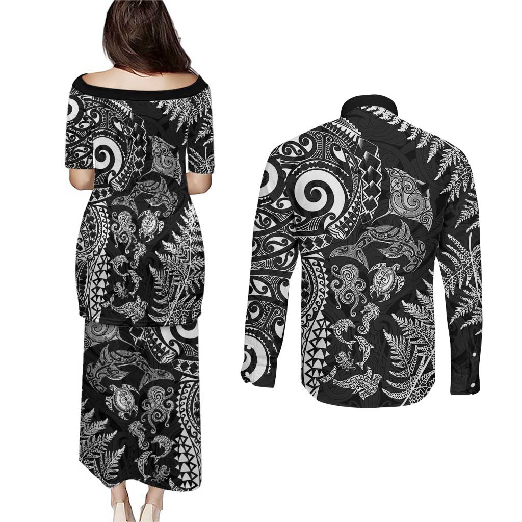New Zealand Sea Animals Couples Matching Puletasi and Long Sleeve Button Shirt with Maori Koru Tribal Tattoo and Silver Ferns Black Color